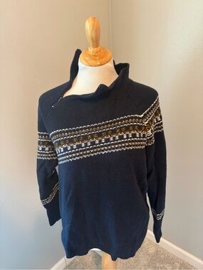 CAbi Navy Cowl Sweater with Gold & White Fair Isle #4231